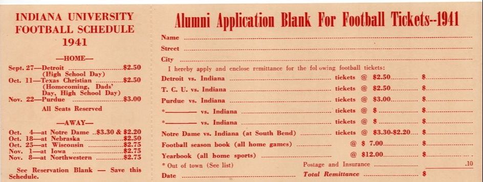 Indiana Football 1941 Ticket Application 
